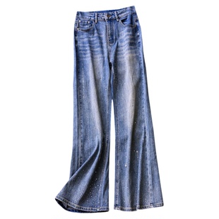 烫钻做旧水洗磨白高腰显瘦微喇裤宽松阔腿裤马蹄裤牛仔裤女裤Z276
