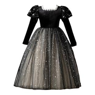 女童礼服高端长款黑色儿童钢琴演出服黑天鹅小主持人闪亮公主裙子