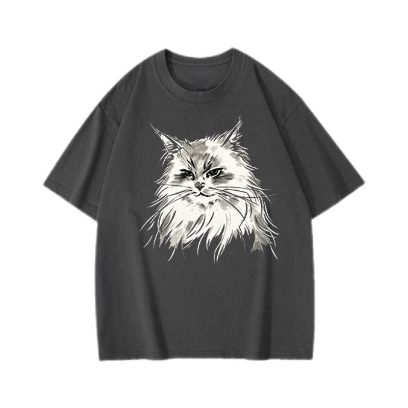100%纯棉复古素描猫印花短袖T恤潮流宽松男女深灰色夏季百搭上衣