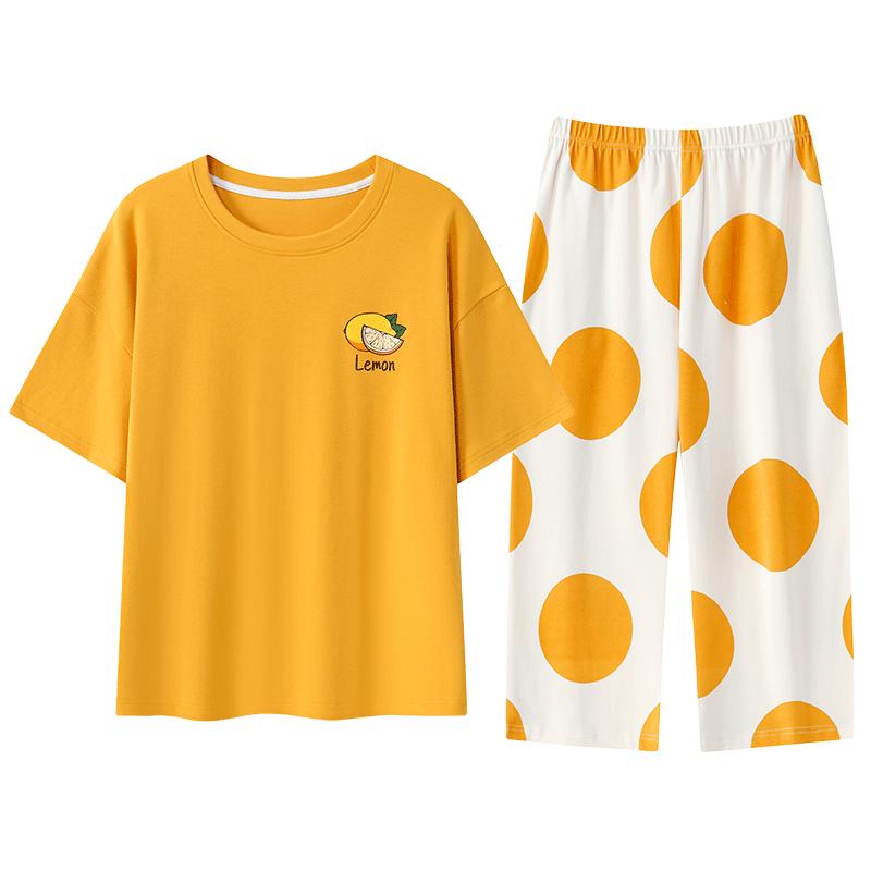 带胸垫睡衣女款夏天卡通短袖七分裤可外穿套装两件夏季女士家居服
