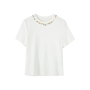 DPLAY2025年夏季新款白色t恤女好看独特重工法式通勤短袖上衣半袖