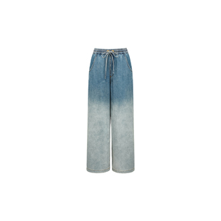 HUI卉全棉牛仔做旧复古海浪刺绣撞色印染休闲牛仔裤2026春夏