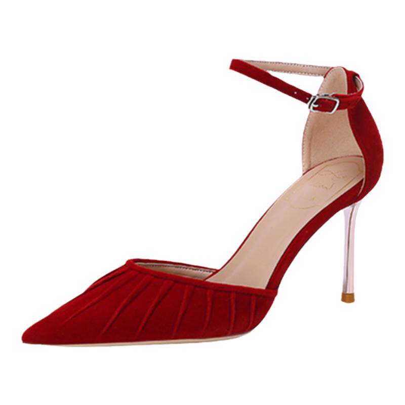 小众褶皱敬酒鞋秀禾婚鞋不累脚高跟鞋红色新娘鞋子一字扣中空凉鞋