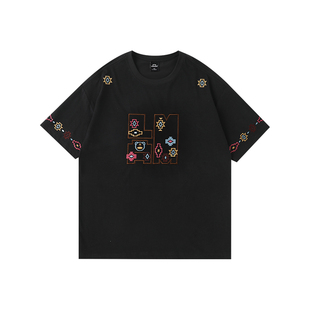 LAMLICKA民族风刺绣短袖美式高街上衣黑色圆领t恤女短袖宽松重磅