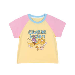 小O宝童装宝宝插肩袖短袖t恤女撞色2026夏季新款女童洋气图案体恤