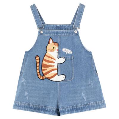 KEIKO橘猫刺绣背带阔腿牛仔短裤