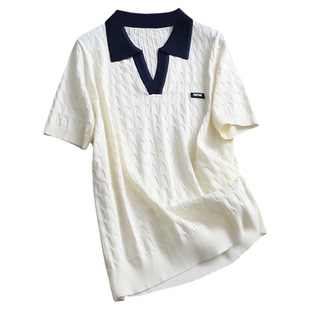 撞色相拼POLO领复古绞花冰感薄款亲肤显瘦通勤短袖女装针织衫Z080