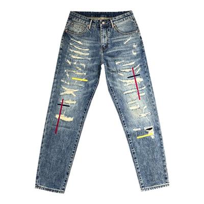 刺绣牛仔裤男美式破洞补丁乞丐裤