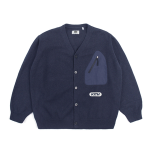 KITH美潮V领拼接口袋毛衣开衫男纯色男潮牌针织衫情侣装外套女