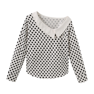 SHALL NOT UNTRUE 波点斜肩上衣女设计感不规则露肩显瘦长袖T恤