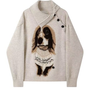 胖mm大码女装可爱小狗设计保暖针织毛衣女秋冬韩版显瘦慵懒风上衣