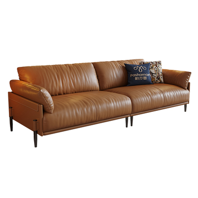 帕沙曼 真皮沙发头层牛皮法式复古小户型客厅直排棕色中古风沙发