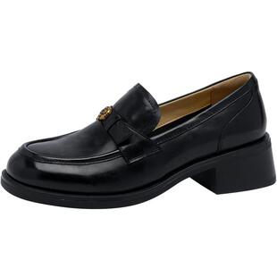 沙驰女鞋粗跟乐福鞋单鞋女2026新款黑色小皮鞋春夏季山茶花通勤鞋