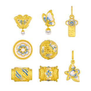 周大生腕美福韵国宝黄金青花珐琅手链女足金硬金青云直上转运珠