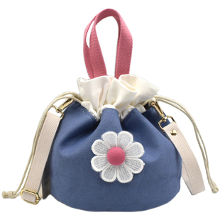 帆布手提包女可爱花朵抽绳束口袋布艺水桶包化妆包文艺手拎饭盒袋