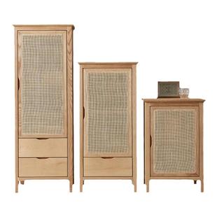 北欧藤编柜收纳柜实木柜子客厅小户型高低组合柜储物柜日式小柜子