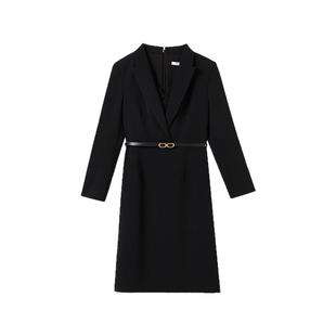 朗姿2025年春季新款蕾丝设计感黑色显瘦气质收腰高智法式连衣裙