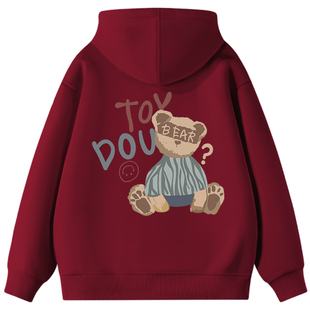 拉夏贝尔酒红色加绒连帽卫衣女款秋冬2026新款爆款小个子加厚上衣