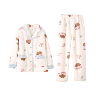 安之伴【巨保暖】珊瑚绒睡衣女款秋冬季翻领加厚法兰绒家居服套装