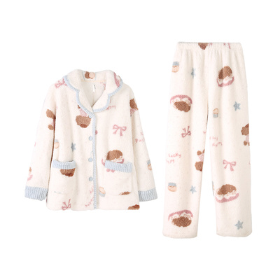 安之伴【巨保暖】珊瑚绒睡衣女款秋冬季翻领加厚法兰绒家居服套装