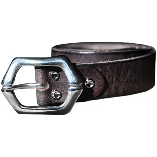 头层牛皮纯手工制作美式复古白铜真皮做旧简约工装牛仔裤牛皮腰带