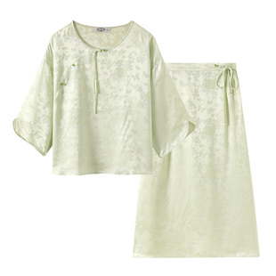 美标丝绸上衣女春夏新品中国风桑蚕丝提花半身裙可外穿睡衣家居服