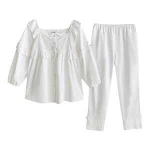 韩国公主睡衣女夏天睡裙纯棉宫廷空调房春秋白色家居服薄长袖套装