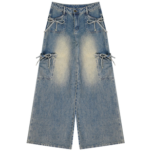 ziziFei设计感美式多口袋蝴蝶结高腰显瘦直筒阔腿工装牛仔长裤女