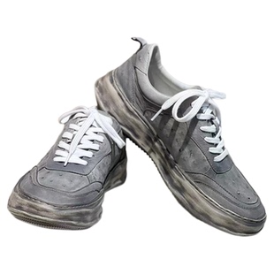 全真鸵鸟皮鞋子男顽刻复古擦色休闲板鞋男款2025新款正品真皮男鞋