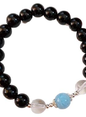 天然黑曜石海蓝宝手串男女款
