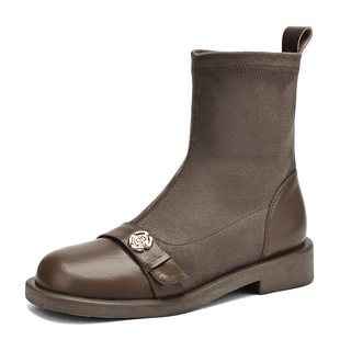 达芙妮法式短靴女2025新款冬季加绒平底瘦瘦靴子切尔西袜靴马丁靴