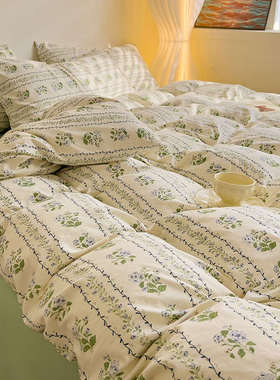 ins法式小清新绿色小碎花床上四件套水洗棉床单被套1.8学生三件套