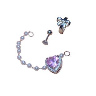 韩国耳骨耳屏耳蜗链粉色爱心心形锆石超闪珍珠链条甜妹甜酷ins