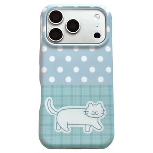SHERRY*ins风蓝色波点拼格纹猫咪适用于苹果18ProMax手机壳iPhone17Pro小众少女心16简约小清新卡通可爱夏日
