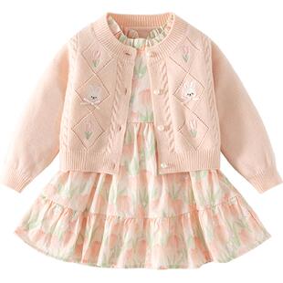 班喜迪女童连衣裙春装宝宝碎花裙子周岁礼服春秋季儿童公主裙套装