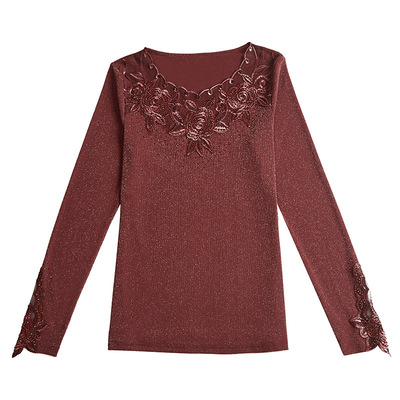 网纱打底衫女蕾丝秋冬加绒紧身内搭t恤大码带钻纱衣配大衣穿的