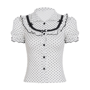 IAEY法式少女波点印花木耳边修身Polo领短袖衬衫显瘦泡泡袖上衣夏