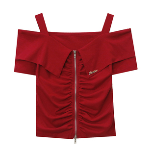 性感一字领露肩锁骨上衣女洋气条纹拼色短袖T恤修身拉链体恤衫夏