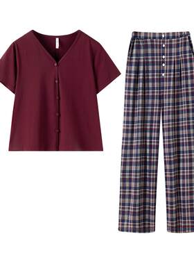安之伴【巨凉感】睡衣女夏季莫代尔棉V领短袖开衫夏天格子家居服