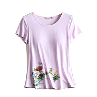 简约夏装莱卡棉免穿内衣圆领印花打底衫带胸垫t恤女短袖ins洋气潮