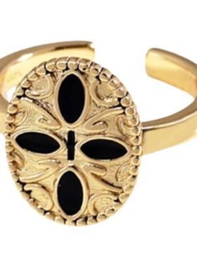 法式宫廷复古风图腾花纹黑玛瑙气质戒指女轻奢小众高级感开口指环