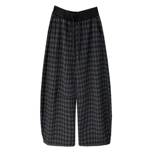 复古格子加绒加厚阔腿裤女2025冬季新款欧货高腰宽松休闲长裤