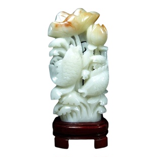 和田昆仑玉鱼戏莲叶摆件白玉立体雕刻玄关办公室锦鲤桌面装饰品