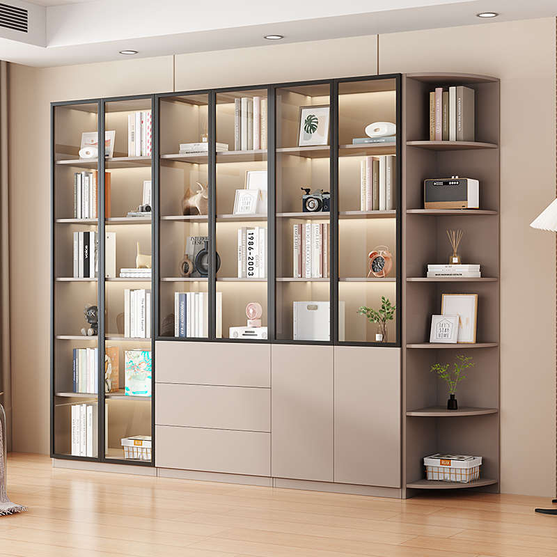 实木书柜轻奢玻璃门展示柜客厅落地简约家用防尘靠墙一体办公书架