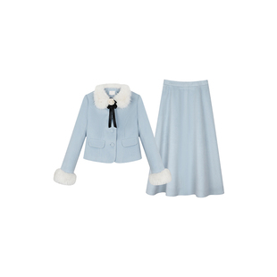 安妮不火 毛毛拼接夹棉呢外套&绒里半身裙女微胖大码千金风两件套