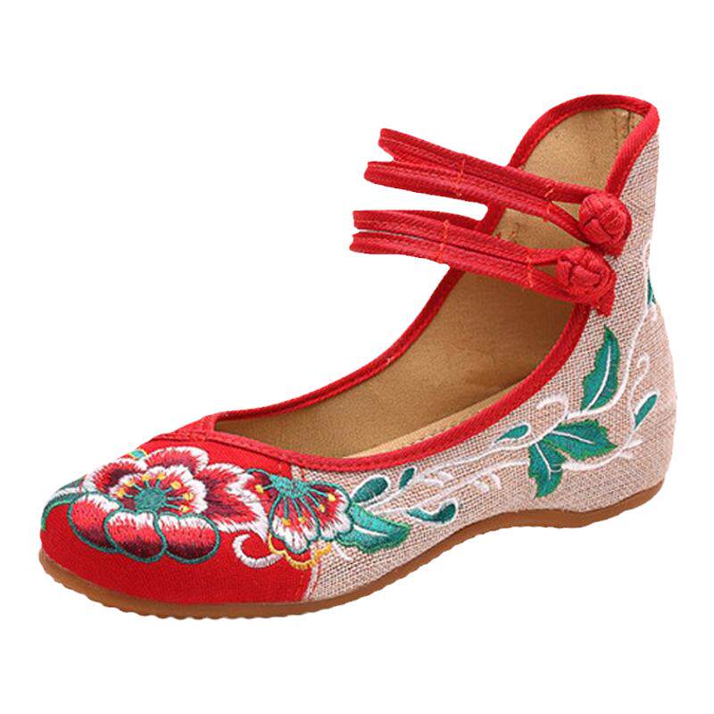 新款正品老北京布鞋舞蹈民族风拼色绑带绣花鞋内增高坡跟女单鞋