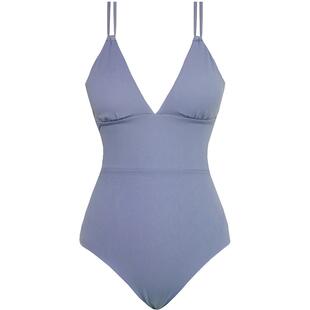 visual mood泳衣女复古系带蓝V领性感露背遮肚显瘦度假连体游泳衣