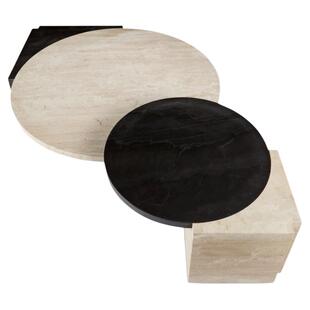 实木复古设计师侘寂风米白洞石大理石茶几组合客厅创意圆形咖啡桌