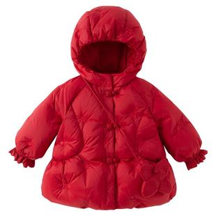 戴维贝拉女童羽绒服冬款防水加厚连帽外套儿童宝宝国风红色拜年服