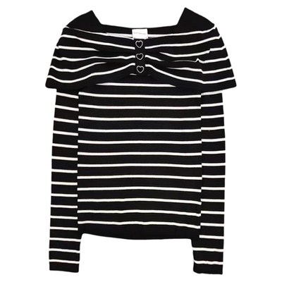 众设计一字领法式气质条纹针织衫